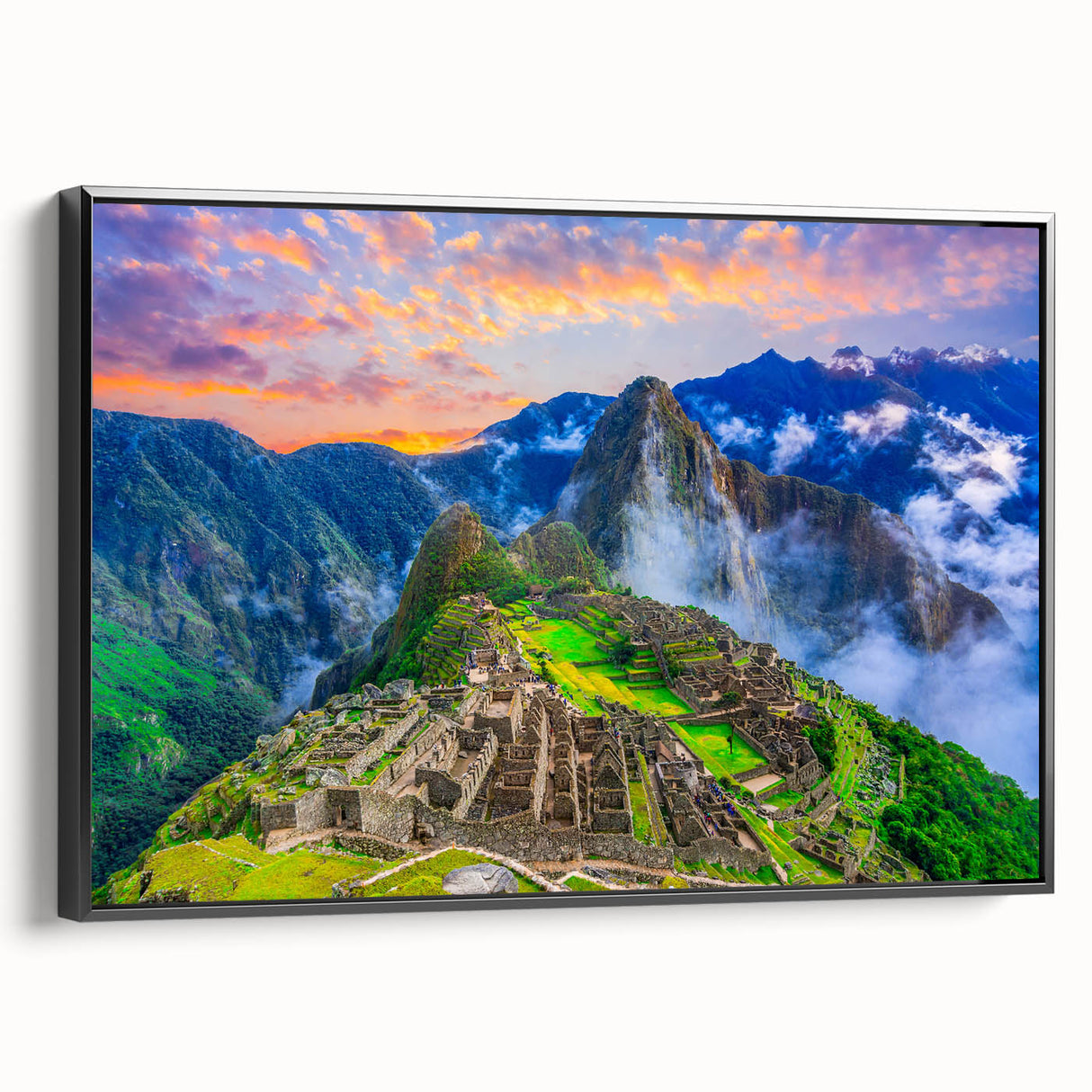 Black and white framed canvas of Machu Picchu landscape, ideal for bedroom wall art in a vintage poster style.