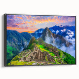 Black and white framed canvas of Machu Picchu landscape, ideal for bedroom wall art in a vintage poster style.