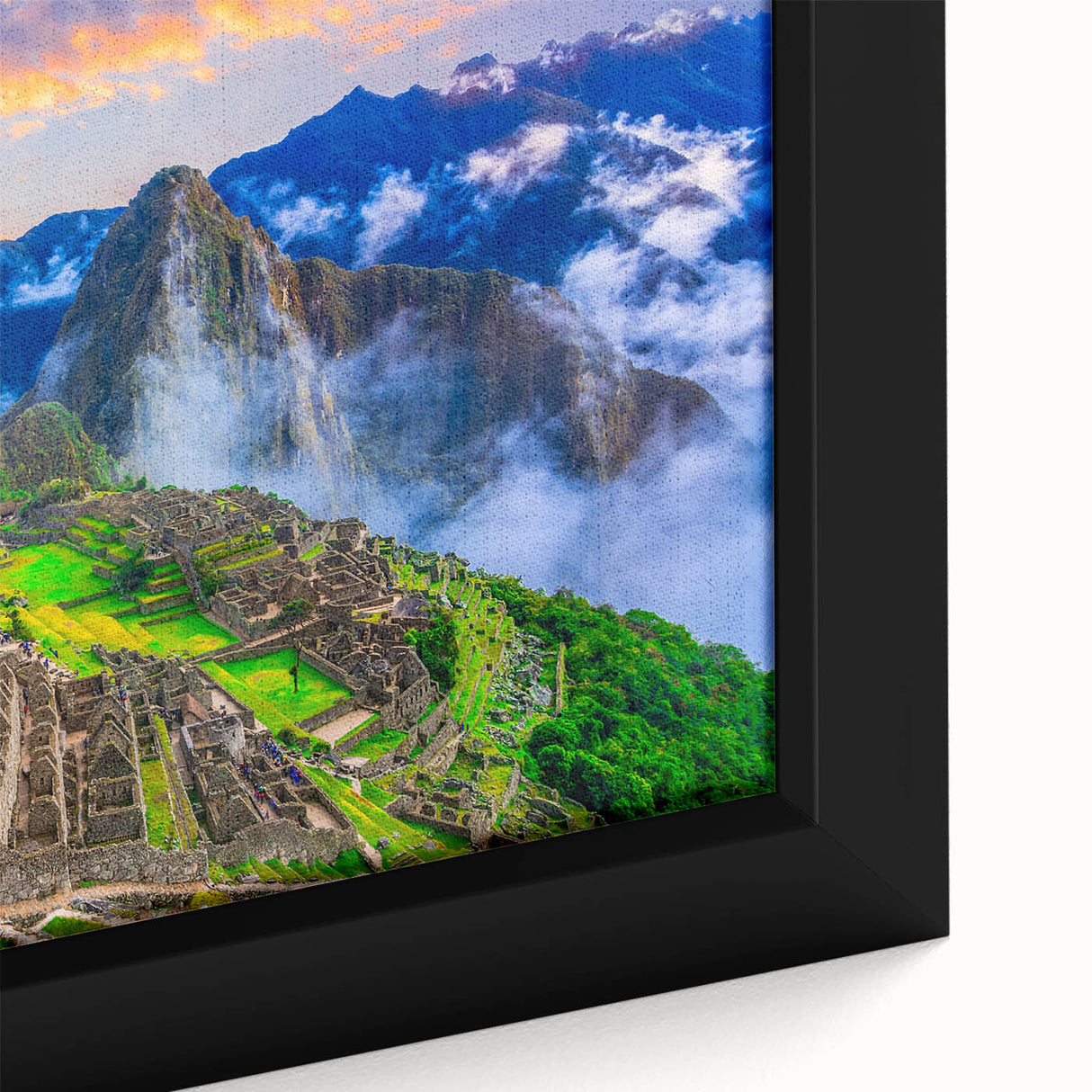 Framed canvas depicting a detailed, textured view of Machu Picchu in muted earth tones, ideal for large living room walls.
