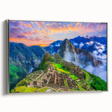 Framed canvas landscape art painting of Machu Picchu in vibrant greens and blues, ideal for living room decor.