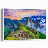 Framed canvas of a vintage poster art depicting Machu Picchu in muted earth tones, ideal for living room decor.