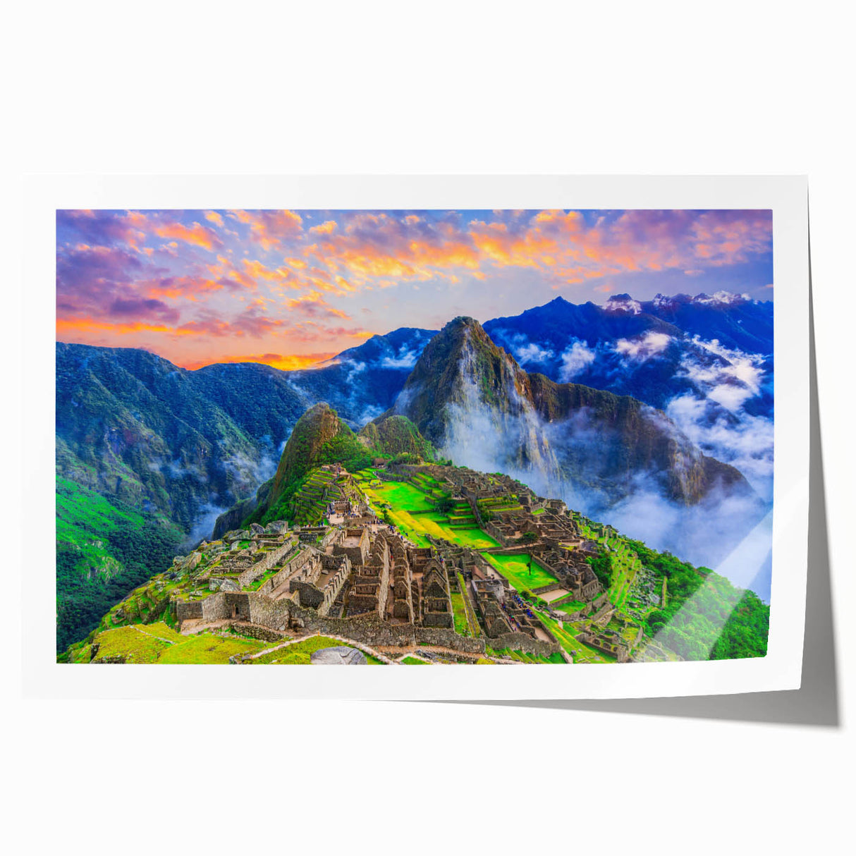 Rolled print of Machu Picchu in soft earth tones, ideal for art wall dining room.
