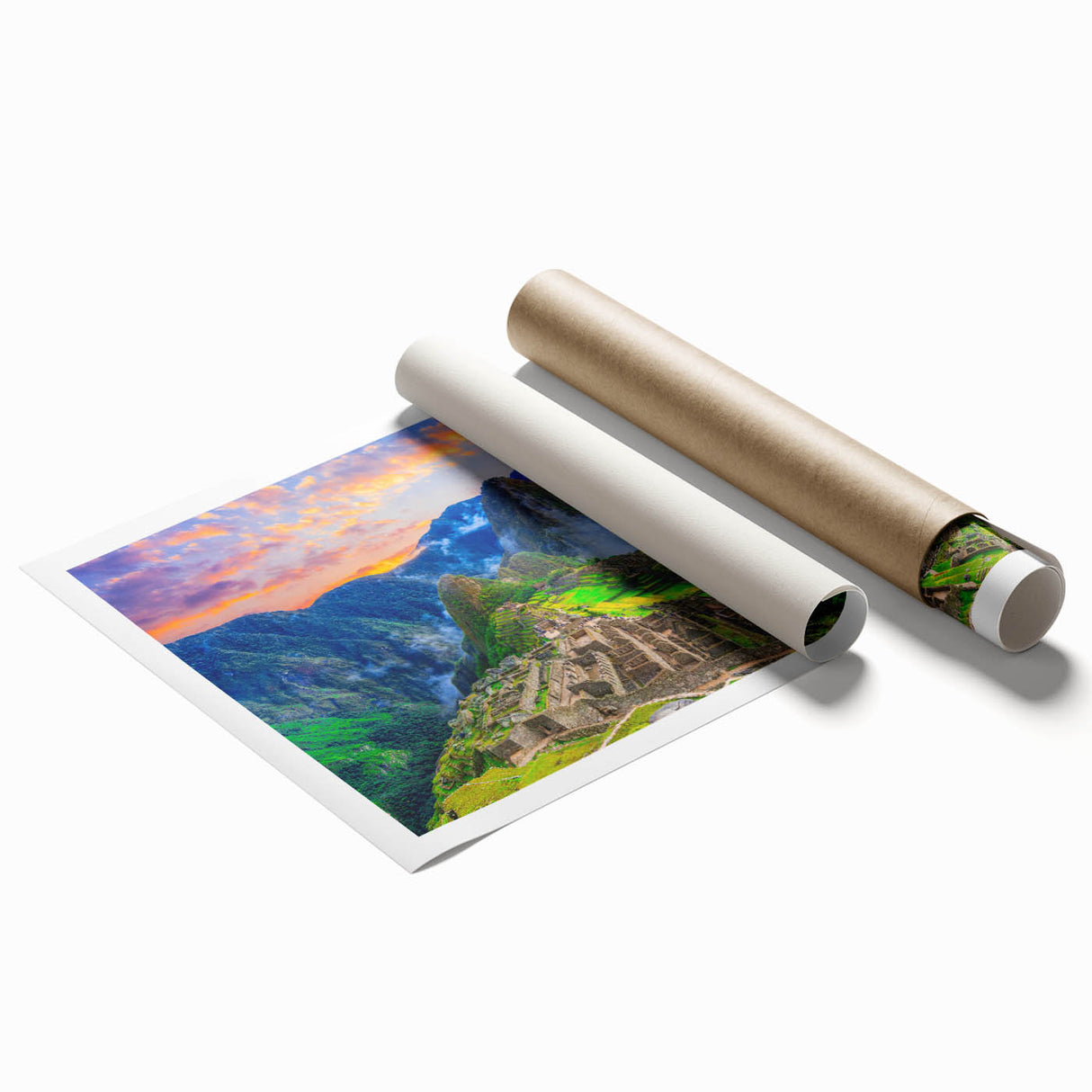 Extra large wall art of Machu Picchu in muted earth tones on rolled canvas, suitable for large living room or bathroom decor.