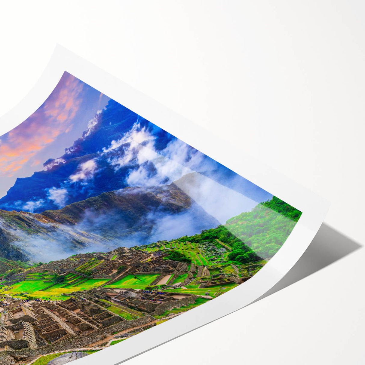 Extra large rolled print of Machu Picchu in muted earth tones, ideal for large living room wall art.