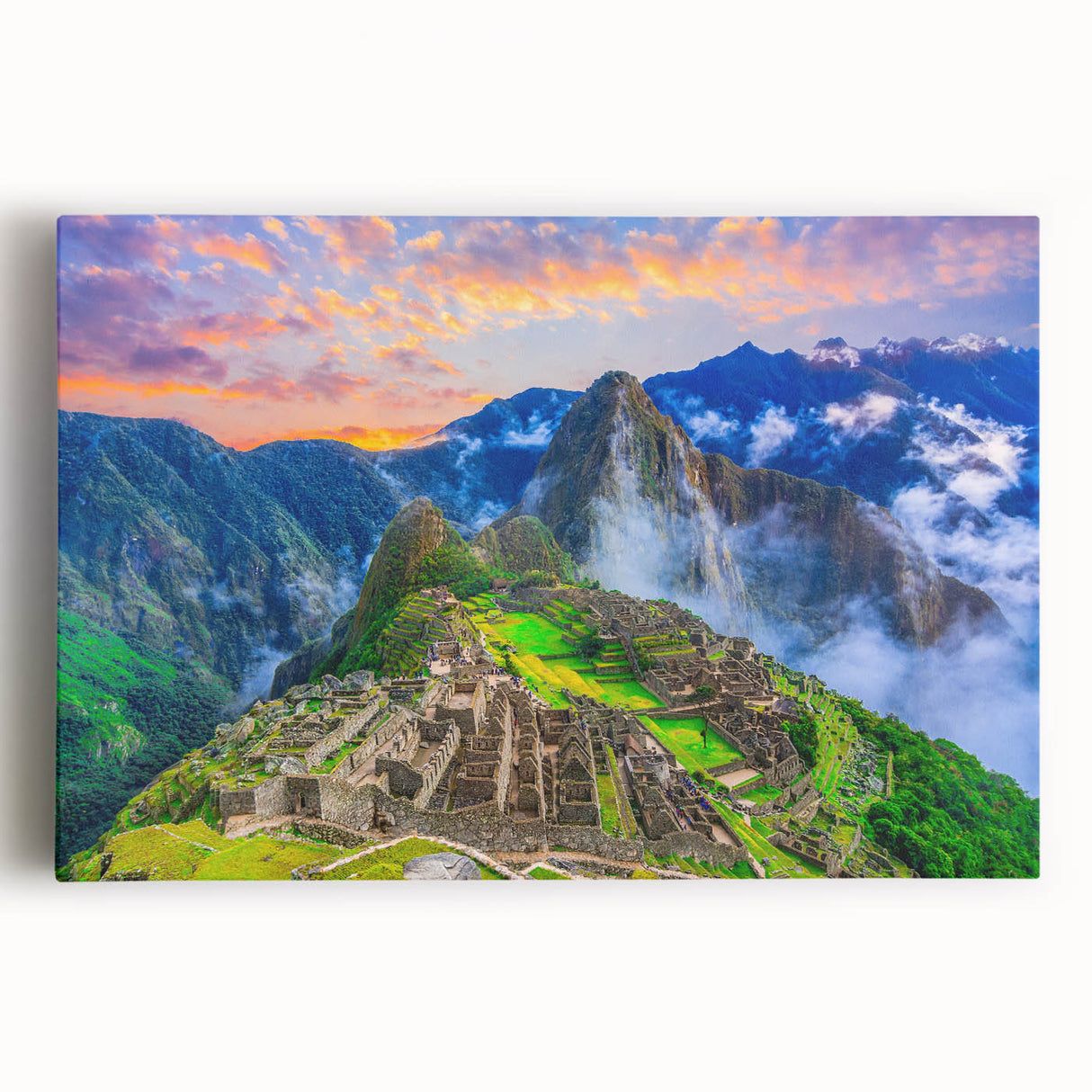 Black and white stretched canvas of Machu Picchu, ideal for kitchen wall art.