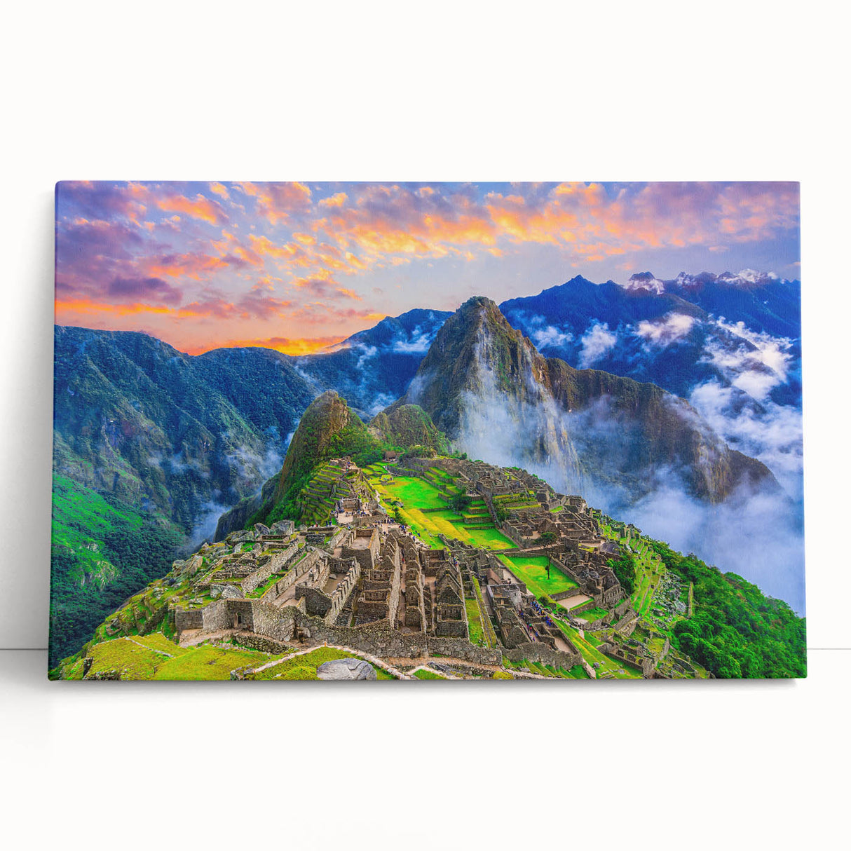 Black and white stretched canvas of Machu Picchu, ideal for kitchen wall art or bedroom ambiance.
