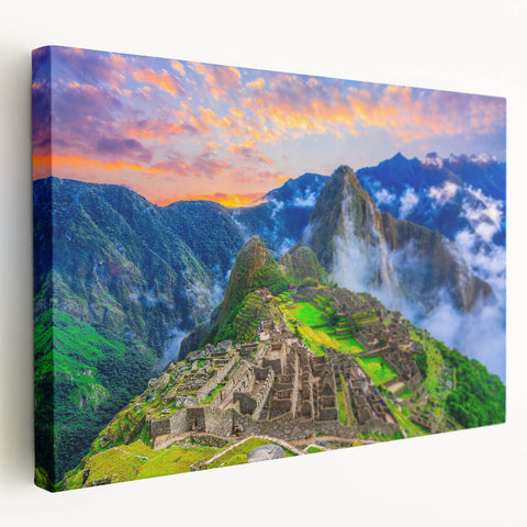 Stretched canvas of Machu Picchu in natural hues, ideal for kitchen wall art.