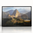 Large abstract wall art depicting a stylized Peruvian landscape in muted earth tones on a framed acrylic print.