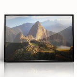 Large abstract wall art depicting a stylized Peruvian landscape in muted earth tones on a framed acrylic print.
