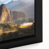 Extra large framed canvas featuring a textured, colorful depiction of a Peruvian landscape, ideal for living room decor.
