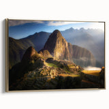 Framed canvas of a vintage-style Peruvian landscape in muted gold and black tones, ideal for bedroom wall art.