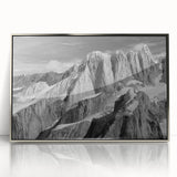 Mid-century modernist art depicting Denali National Park on a silver-framed acrylic print, with muted earth tones.