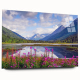 Large abstract depiction of Alaska scenery on acrylic glass, with muted earth tones, ideal for bedroom or dining room art.