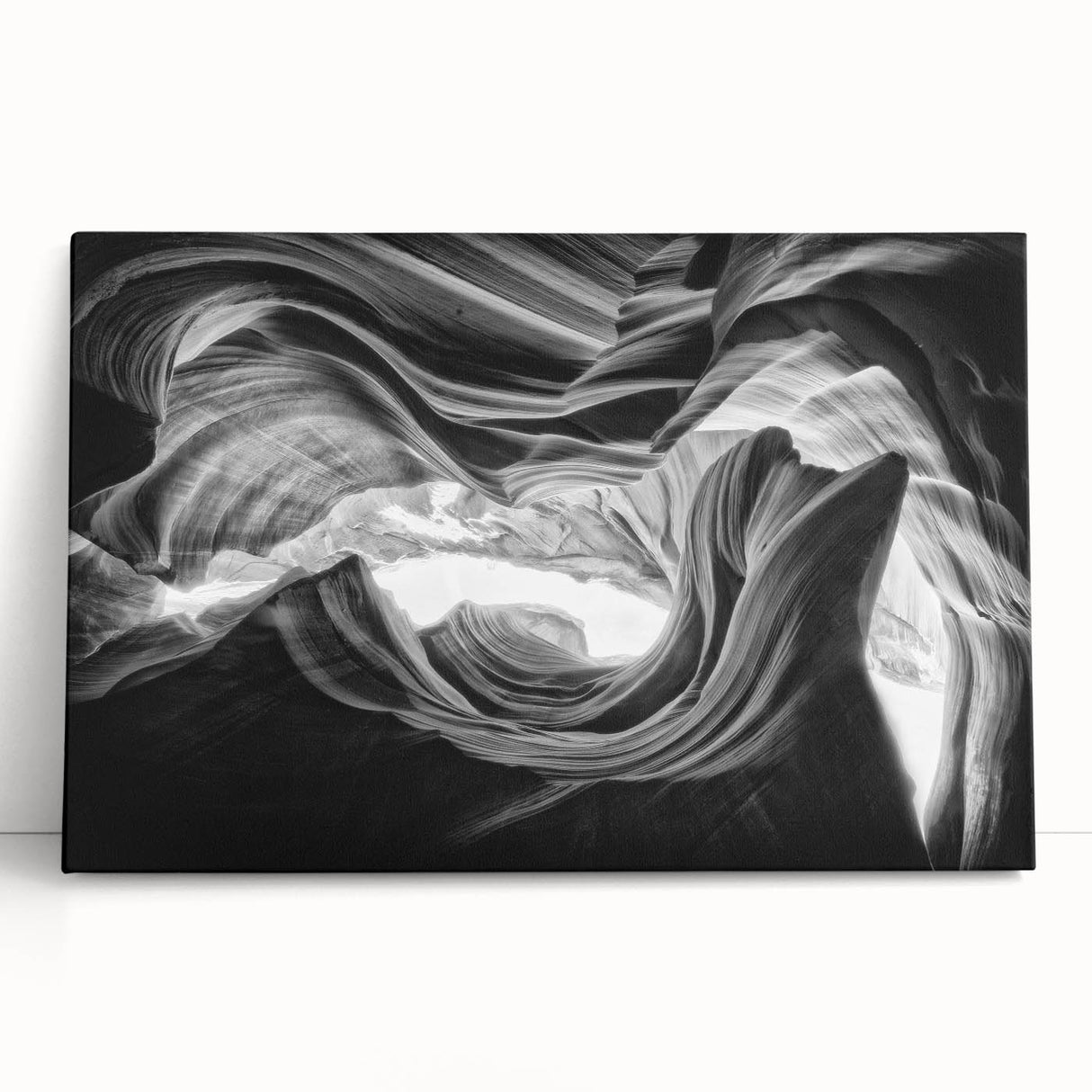 Black and white photograph of Antelope Canyon on stretched canvas, suitable as large kitchen or bedroom wall art.