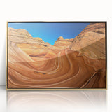 Mid-century modernist art depicting Arizona's Coyote Buttes in subdued earth tones on a framed acrylic print.