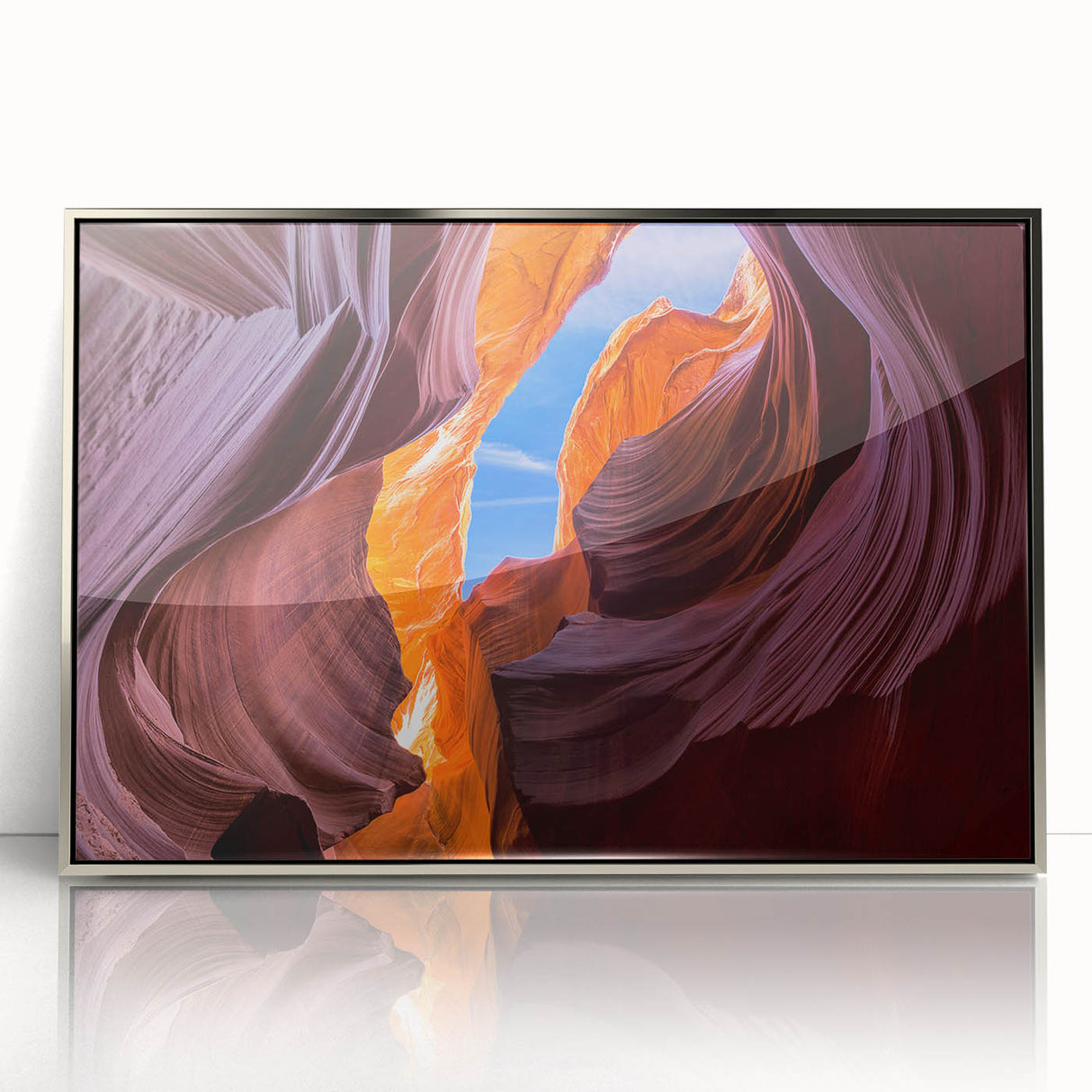 Mid-century modernist art of the Grand Canyon in muted earth tones on a framed acrylic print.