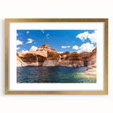 Extra large abstract art print of Lake Powell, Arizona in textured blues and grays, framed in gold.