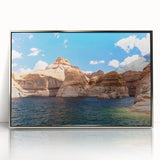 Mid-century modernist art depicting Lake Powell in muted earth tones on a silver-framed acrylic print.