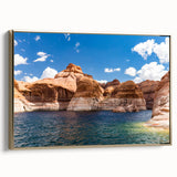 Framed canvas featuring a serene Lake Powell landscape with muted earth tones, ideal for bedroom wall art.