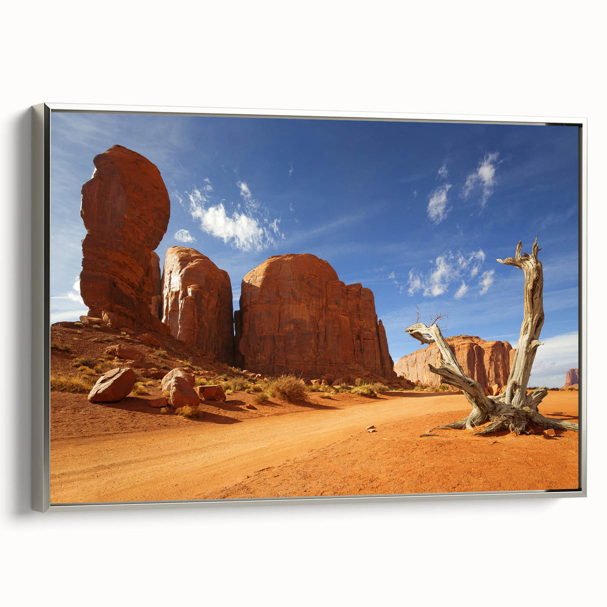Framed canvas landscape art painting of Monument Valley in Arizona, featuring muted earth tones.