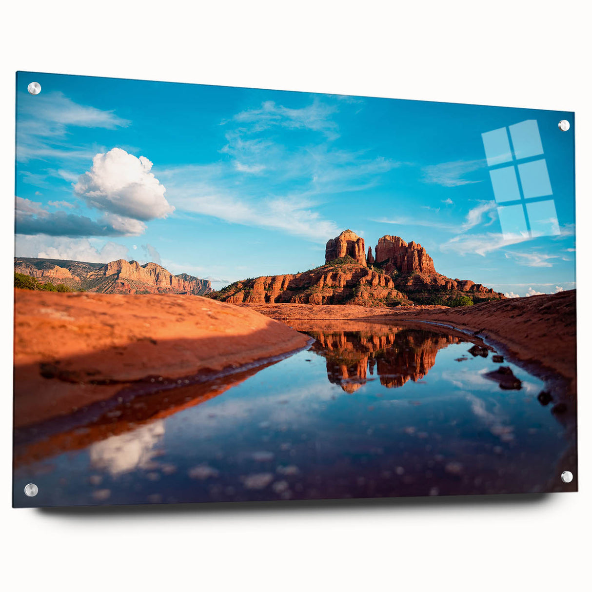 Acrylic print of Sedona landscape in rich red and orange tones, suited for bedroom or dining room decor.