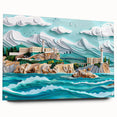 Acrylic print of Alcatraz Island in muted blue and gray tones, suitable for bedroom or dining room decor.