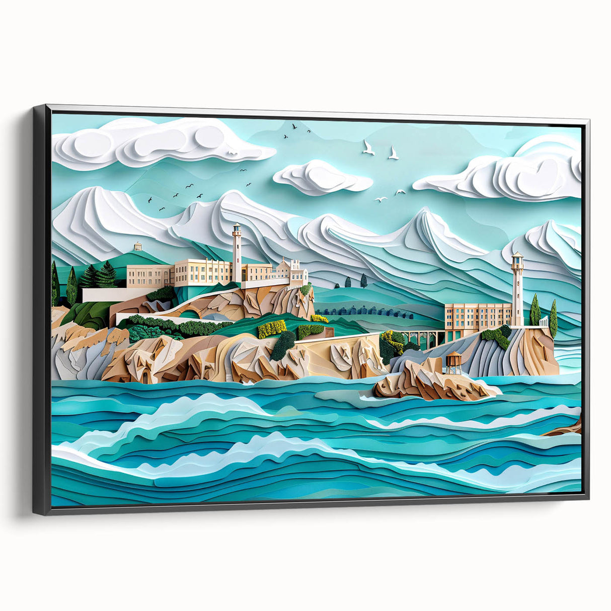 Black and white framed canvas of Alcatraz Island landscape, ideal for bedroom wall decor.