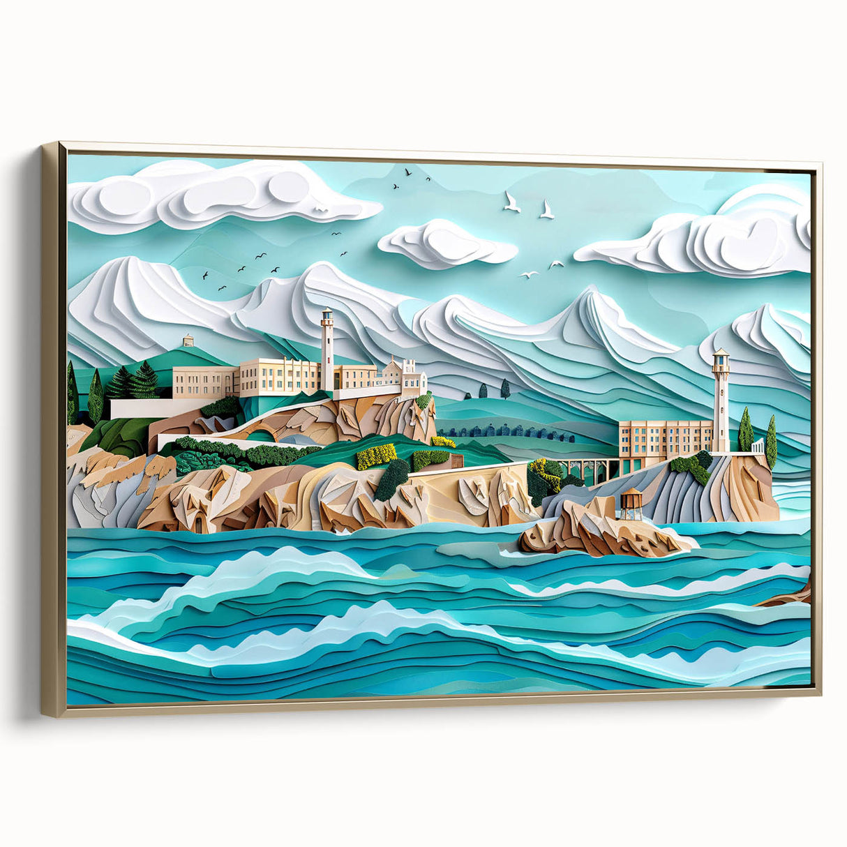 Framed canvas of Alcatraz Island in black and gold tones, vintage poster style, suitable for bedroom wall art.