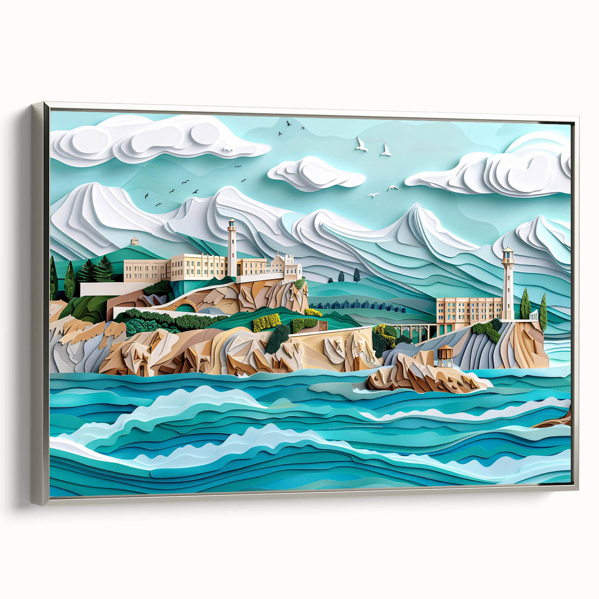 Framed canvas depicting a vintage-style landscape painting of Alcatraz Island in muted black and colorful tones.