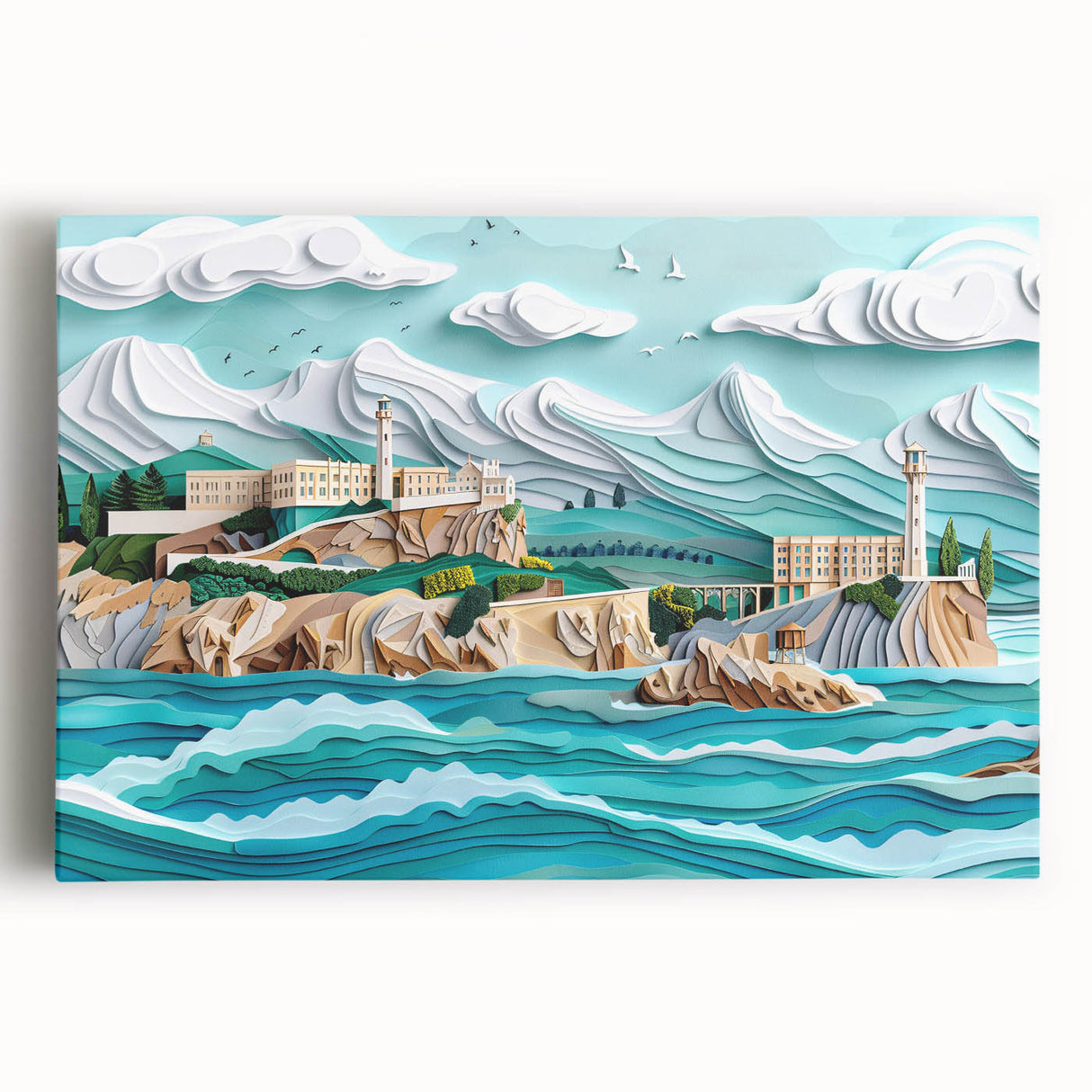 Black and white photograph of Alcatraz Island on stretched canvas, suitable for kitchen wall art.