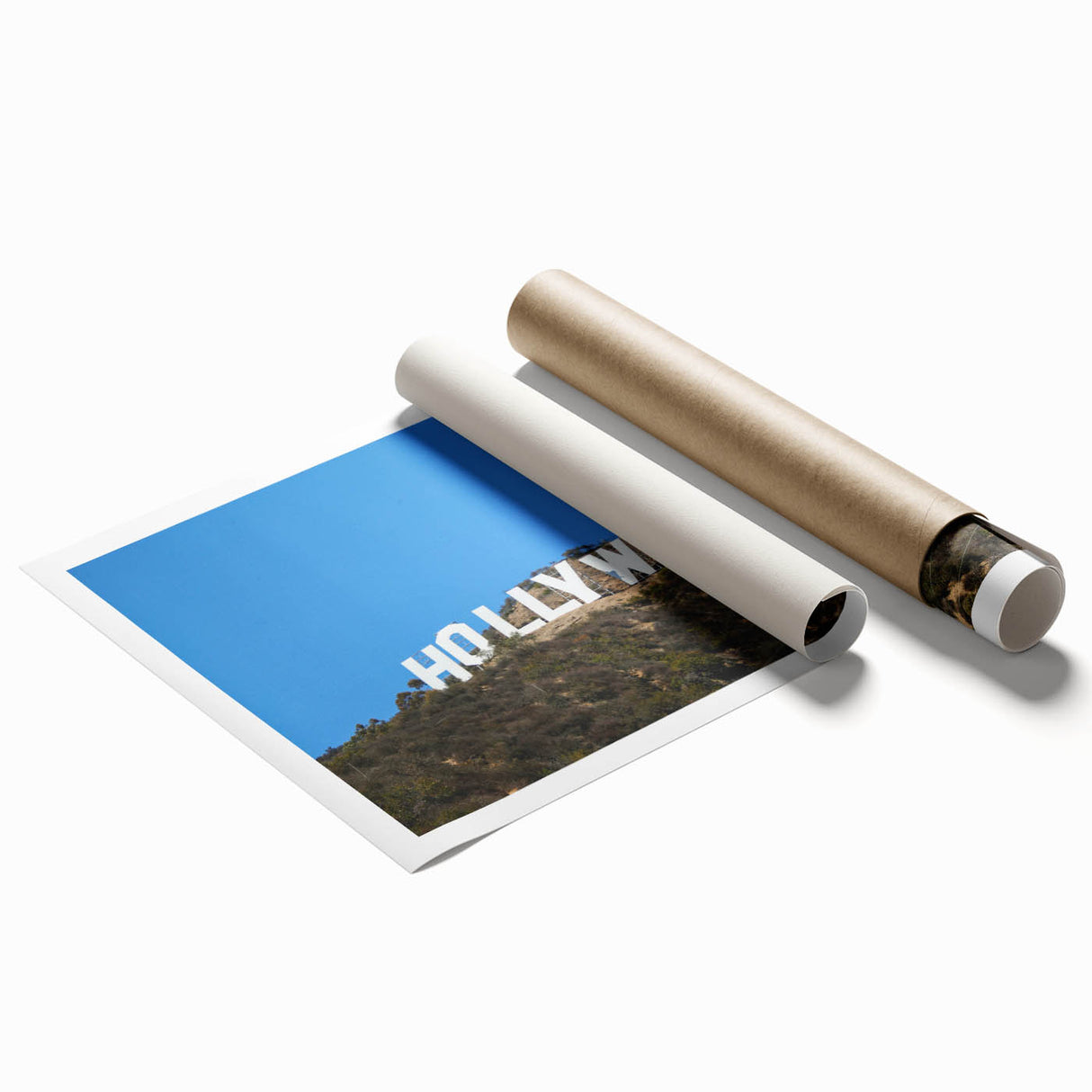Extra large rolled print of a stylized Hollywood, California scenery with vibrant floral elements.