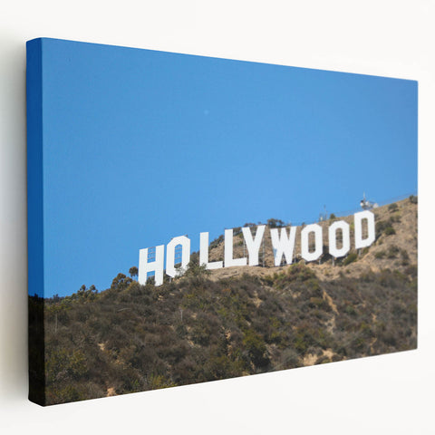 Large canvas print of the Hollywood skyline in muted gray and blue tones, suitable for kitchen wall art.
