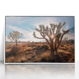 Acrylic print of Joshua Tree in muted earth tones, framed in white, suitable as modern art wall decor or in a nursery.