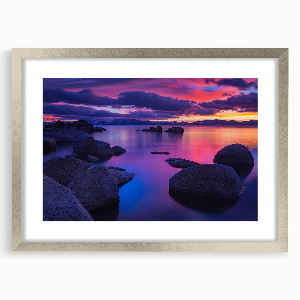 Textured abstract art print of Lake Tahoe in muted blue and gray tones on a framed canvas, suitable for bedroom decor.