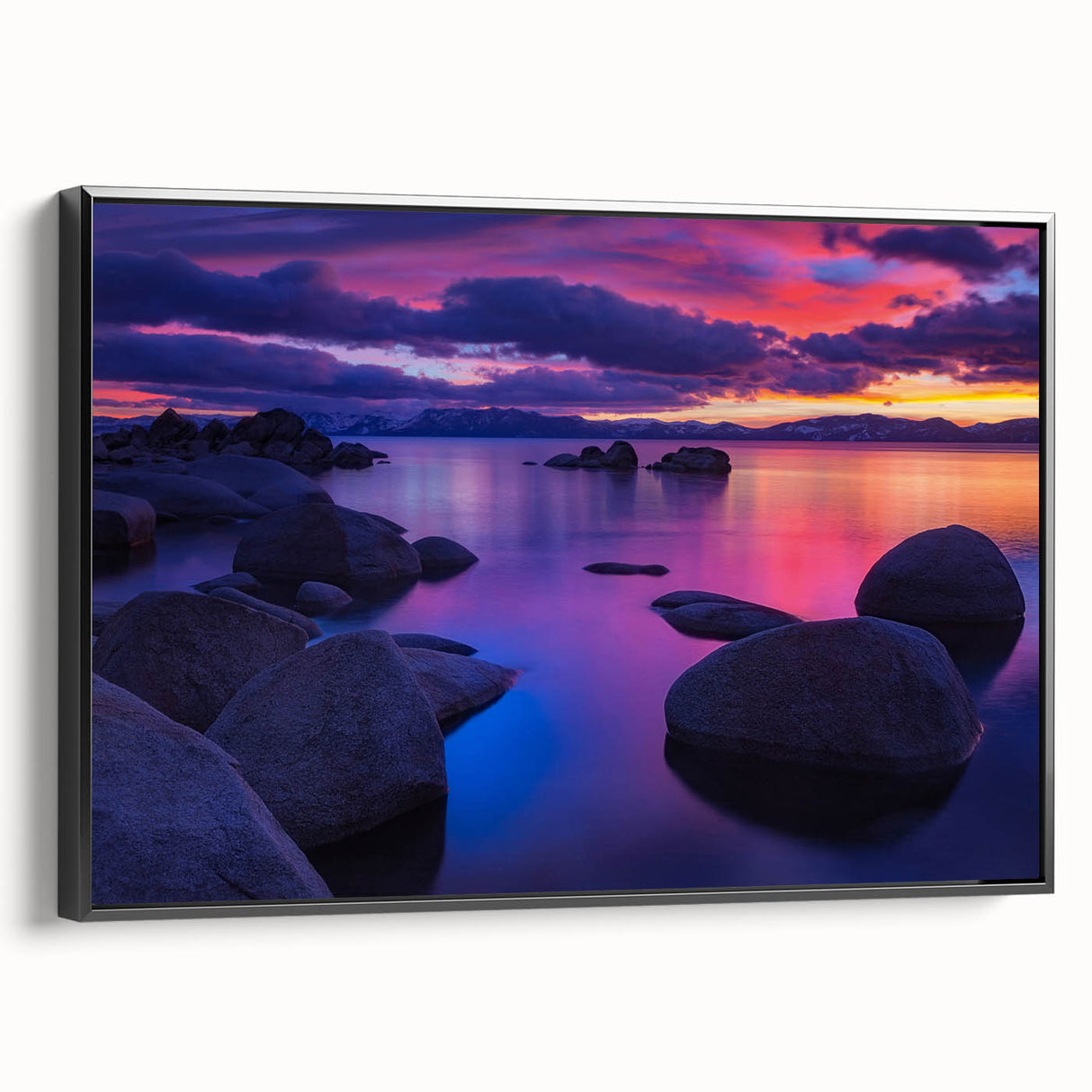 Black and white framed canvas of Lake Tahoe landscape, ideal for bedroom wall art with a vintage poster style.