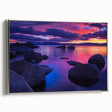 Framed canvas featuring a vintage-style landscape art painting of Lake Tahoe with muted blue and green tones.