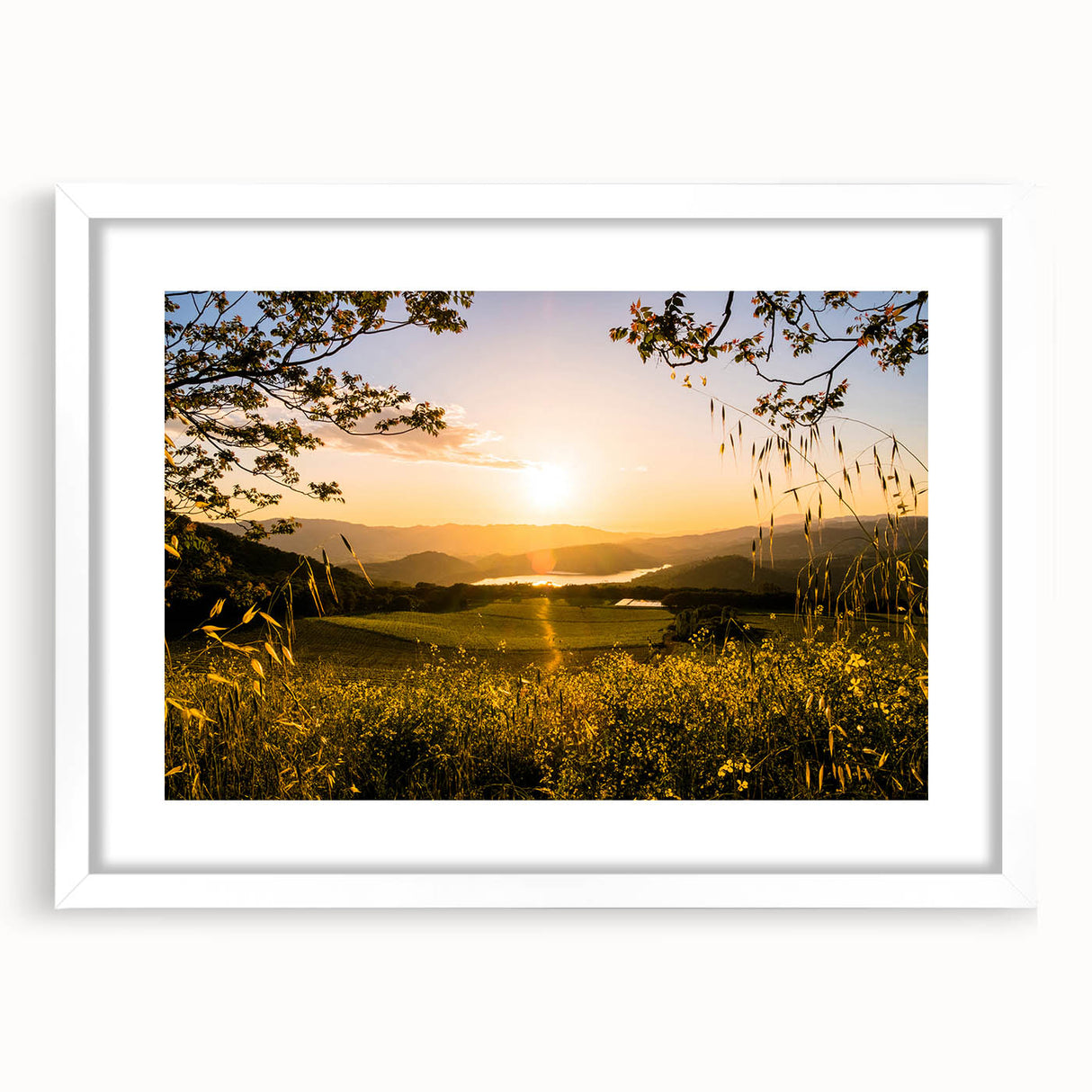 Abstract art print of California's Napa Valley in muted earth tones on a framed white mat, ideal for dining room decor.