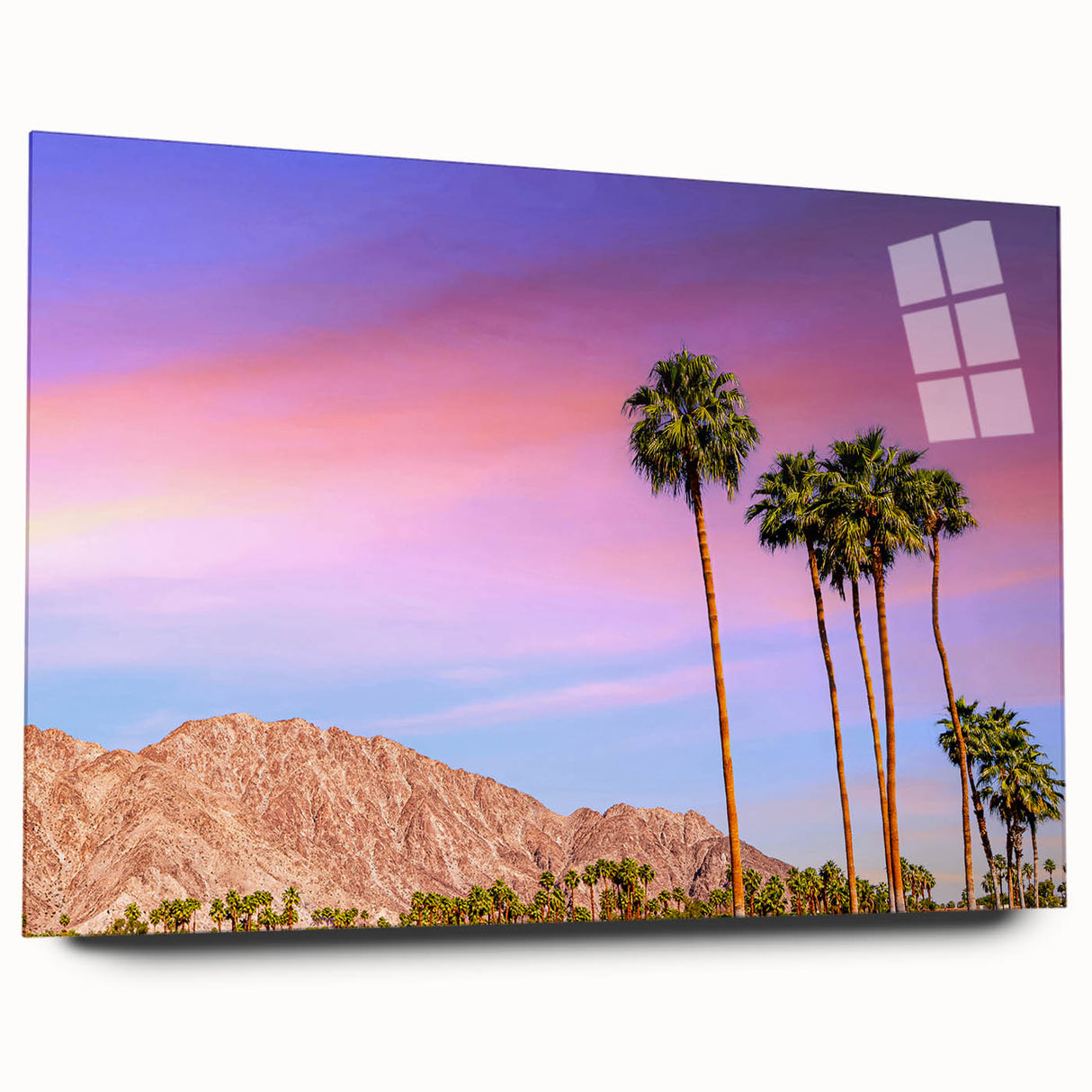 Acrylic print of a Palm Springs landscape in muted earth tones, suitable for bedroom or dining room decor.