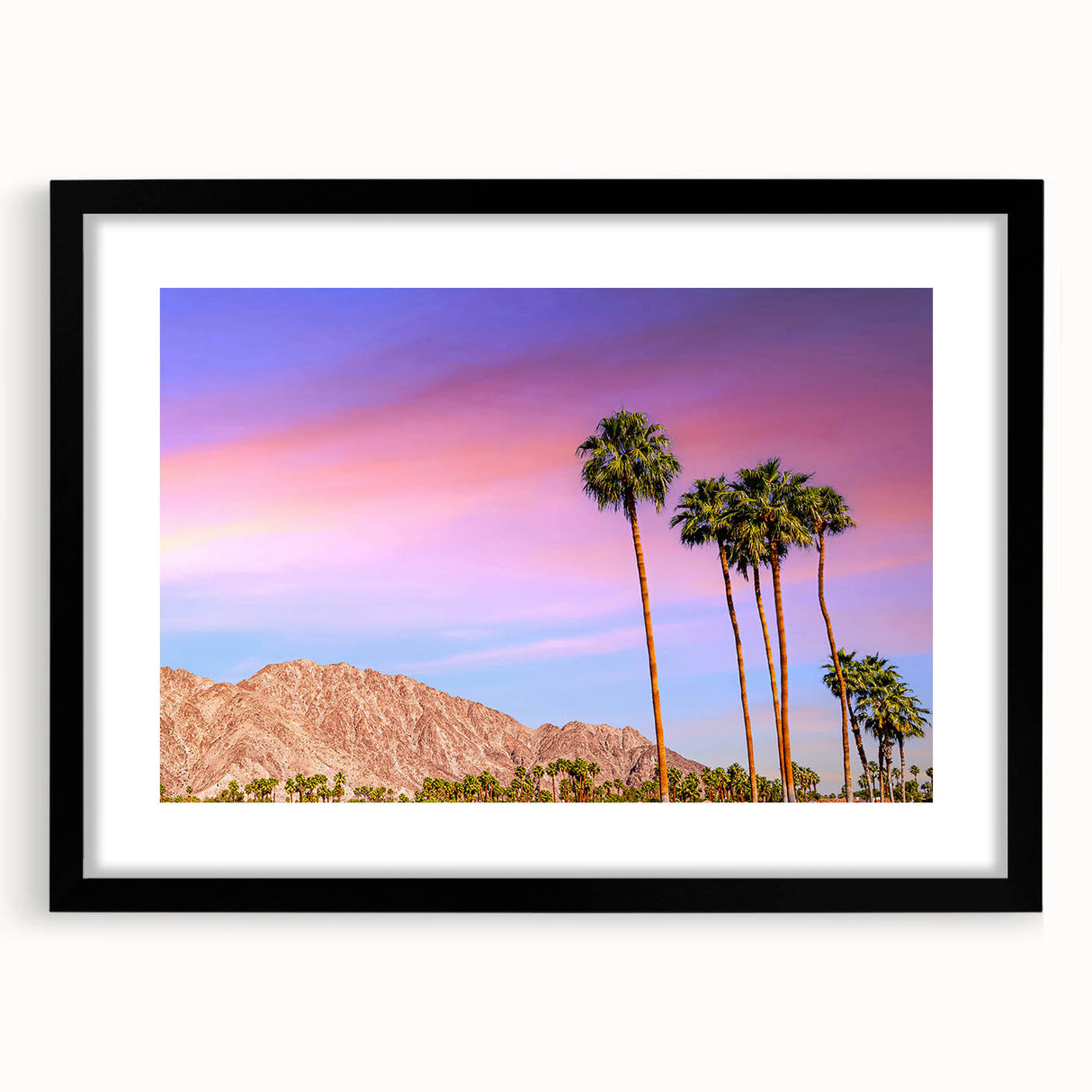 Extra large abstract art print of colorful, textured California palm scenery on a black framed canvas.