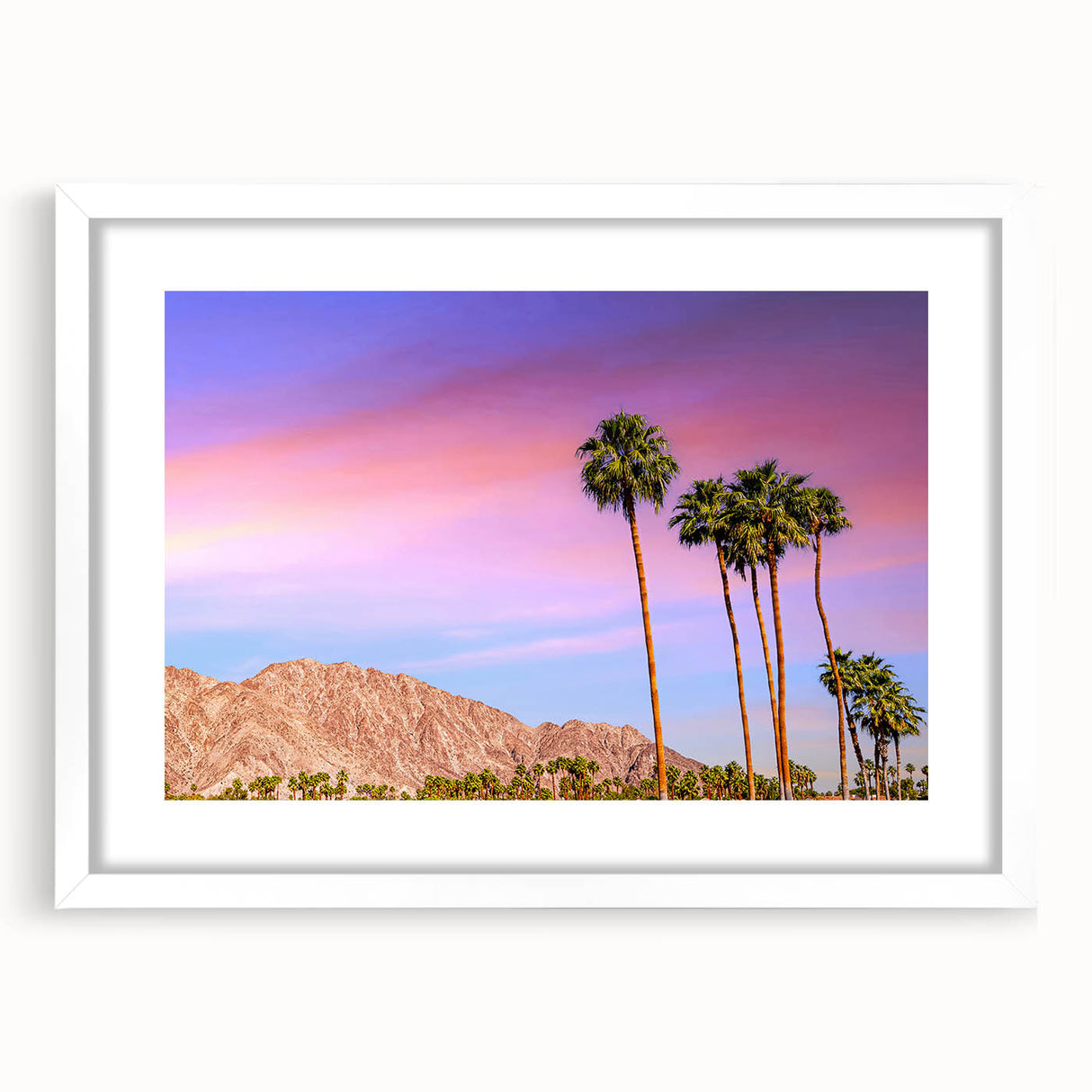 Abstract art print featuring a minimalist Palm Springs landscape in pastel shades on a white framed canvas.
