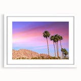 Abstract art print featuring a minimalist Palm Springs landscape in pastel shades on a white framed canvas.