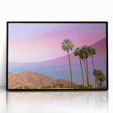 Large abstract wall art depicting Palm Springs scenery in mid-century modernist style.