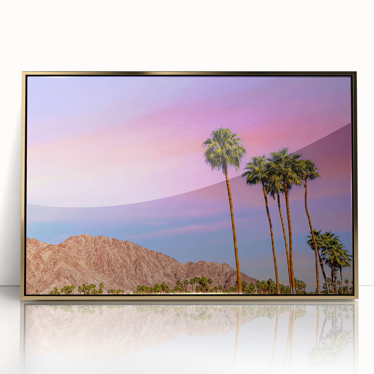 Mid-century modernist art of Palm Springs scenery in muted gold and blue tones, acrylic print framed.