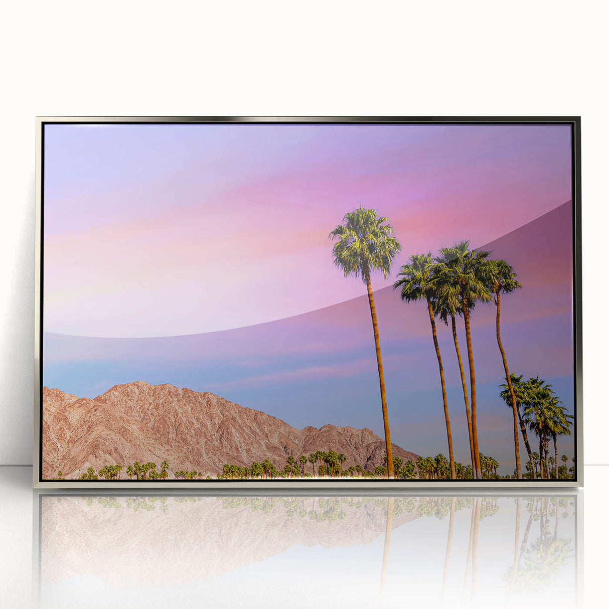 Mid-century modernist art depicting Palm Springs with pastel shades on a silver-framed acrylic print.