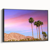 Black and white framed canvas featuring a vintage-style Palm Springs landscape, ideal for bedroom wall decor.