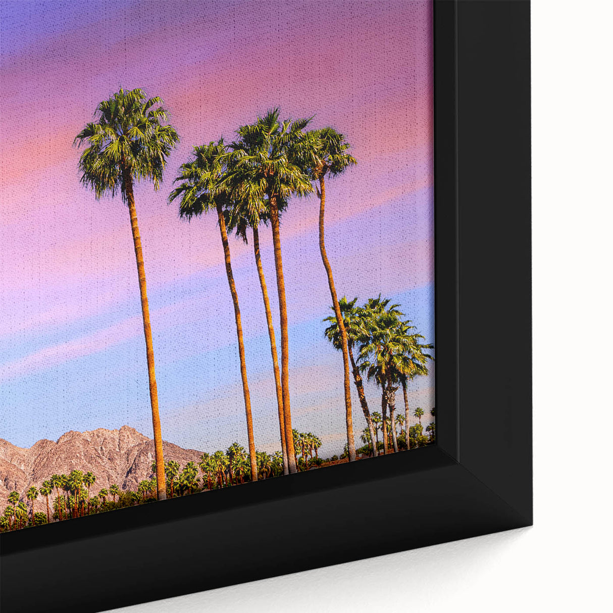 Black wall art featuring a textured California Palm Springs scenery on a framed canvas, with vibrant, colorful accents.