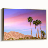 Framed canvas wall art featuring a vintage-style Palm Springs landscape with black and gold tones, ideal for bedroom decor.