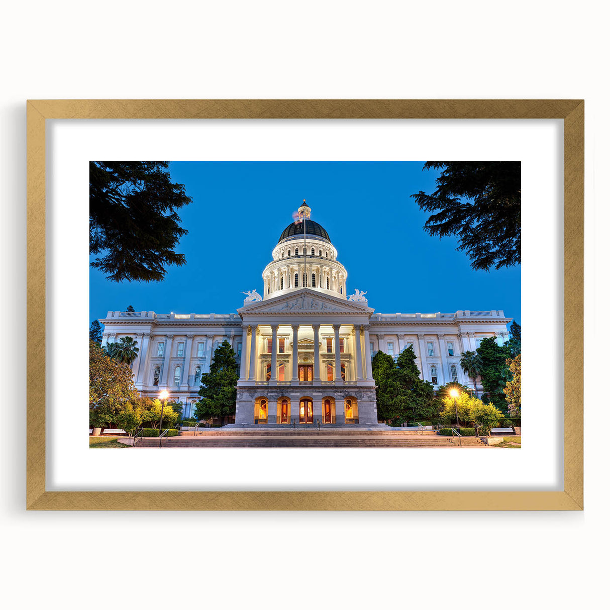 Extra large abstract art print of a textured Sacramento skyline in muted earth tones on a framed canvas.