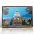 Large abstract wall art depicting the Sacramento skyline in muted black and white tones, framed in acrylic.