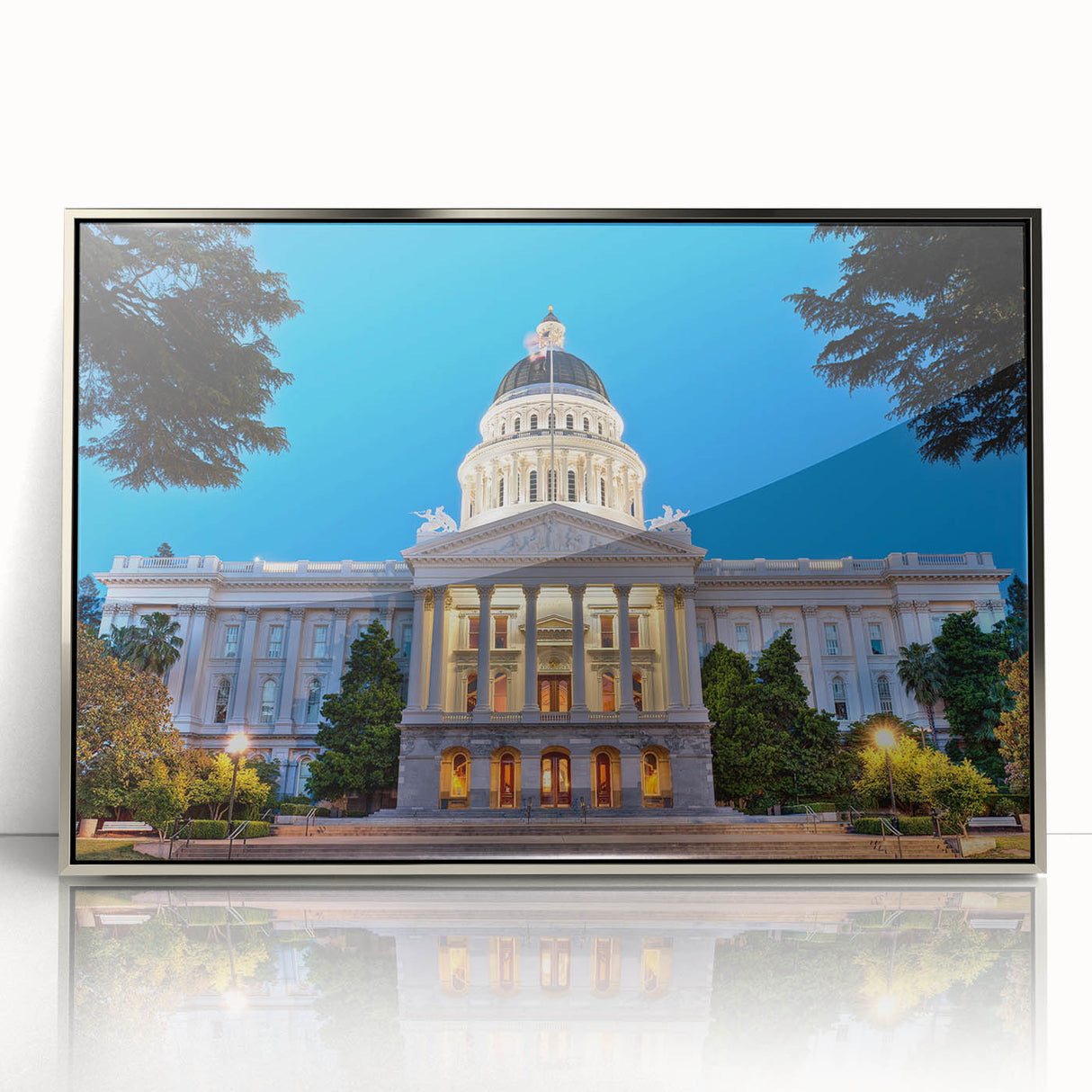Mid-century modernist art of Sacramento skyline in muted earth tones on a silver-framed acrylic, ideal for nursery wall art.